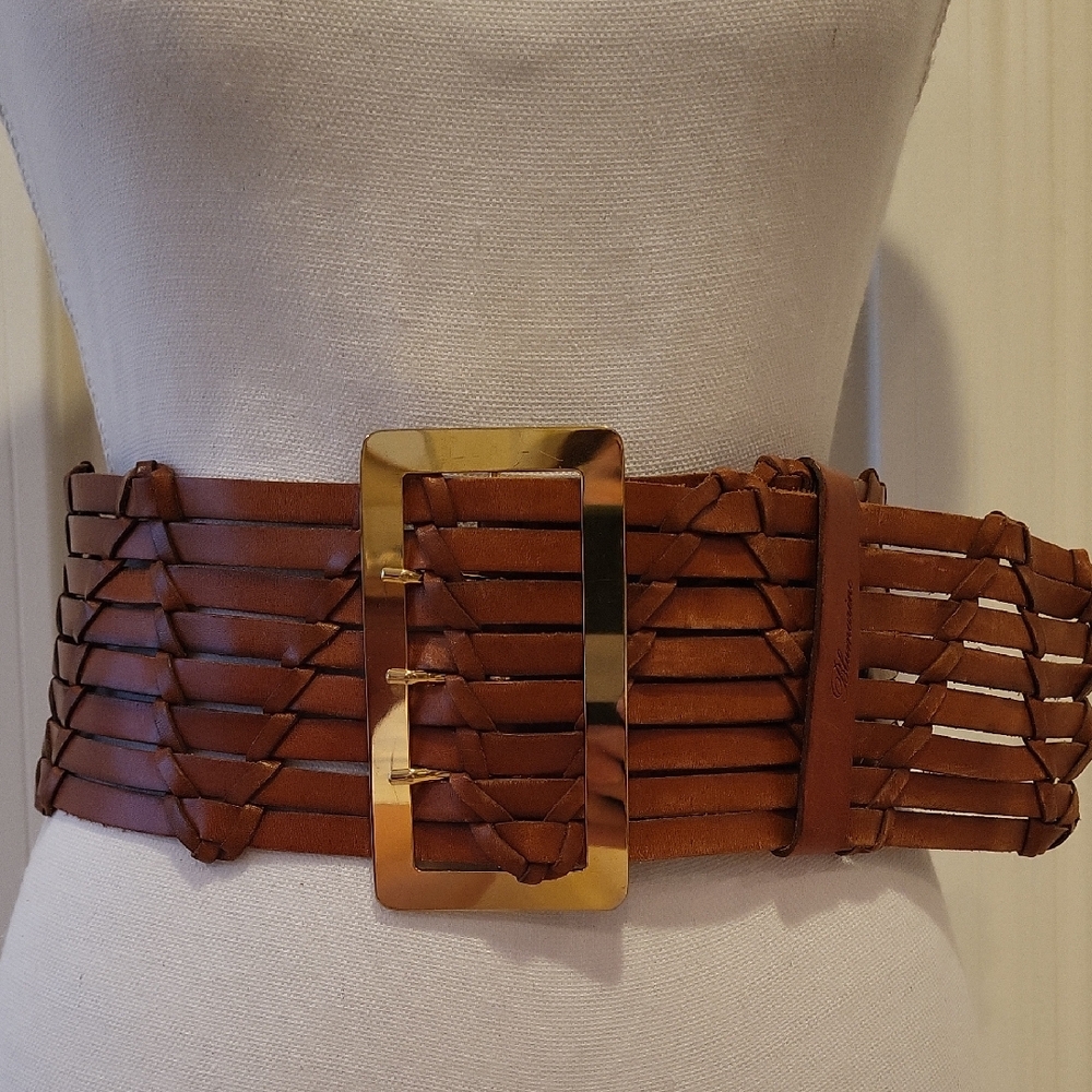 Blumarine Brown Woven Belt with Gold Buckle